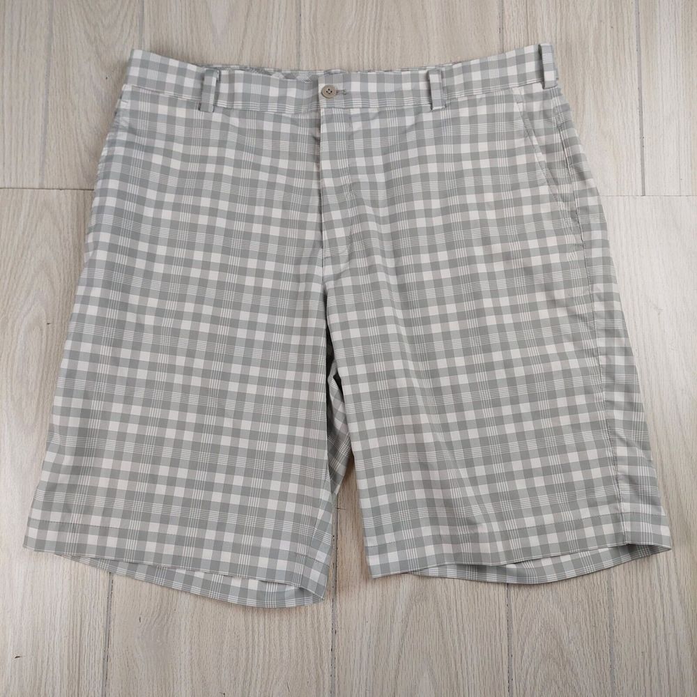 Nike‎ Golf Shorts Men's Size 36 Gray White Sri Fit Plaid Flat Front Chino Preppy